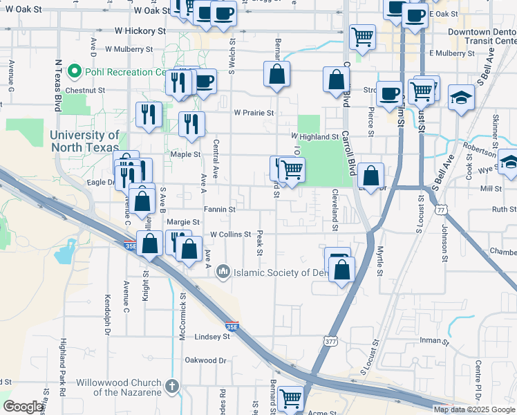 map of restaurants, bars, coffee shops, grocery stores, and more near 922 Fannin Street in Denton