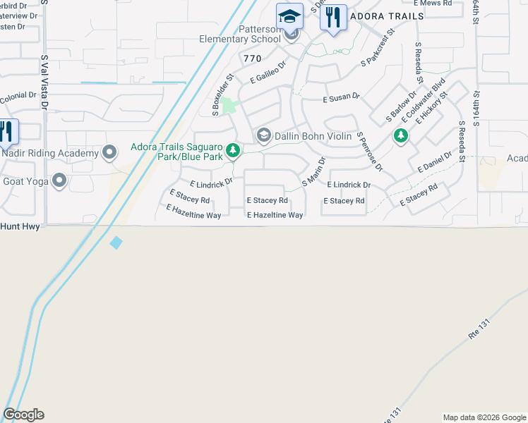 map of restaurants, bars, coffee shops, grocery stores, and more near 2176 East Hazeltine Way in Gilbert