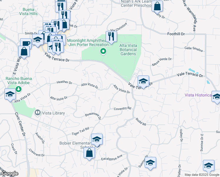 map of restaurants, bars, coffee shops, grocery stores, and more near 1331 Alta Vista Drive in Oceanside