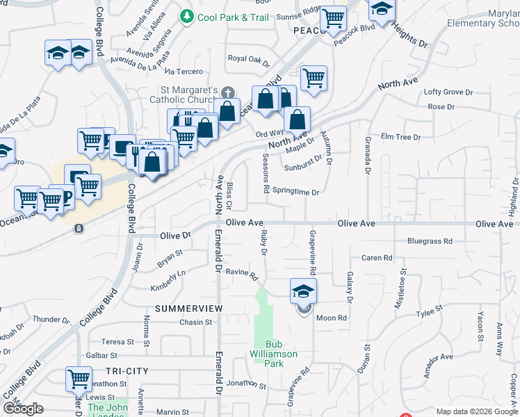 map of restaurants, bars, coffee shops, grocery stores, and more near 2305 Bliss Circle in Oceanside