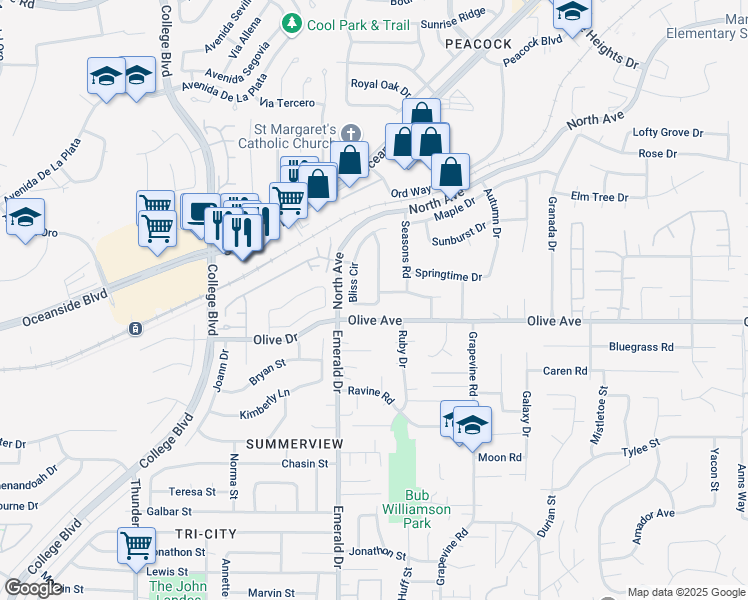 map of restaurants, bars, coffee shops, grocery stores, and more near 2305 Bliss Circle in Oceanside