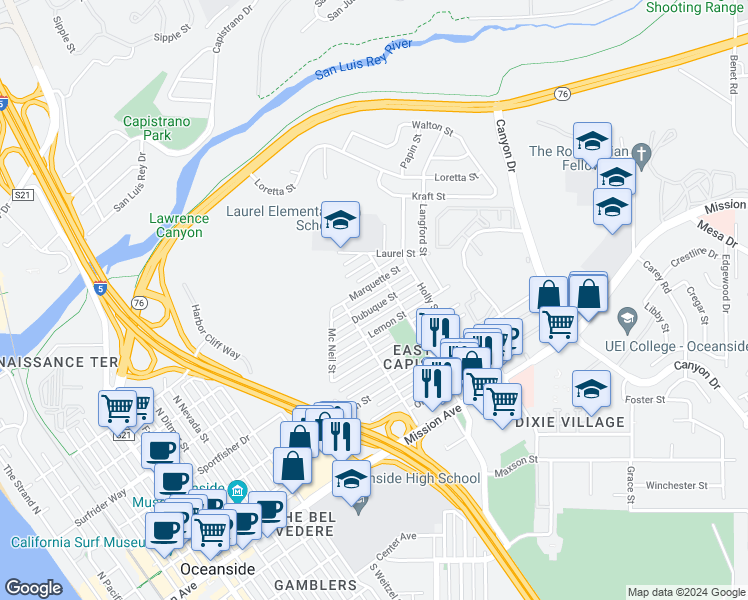 map of restaurants, bars, coffee shops, grocery stores, and more near 1409 Marquette Street in Oceanside