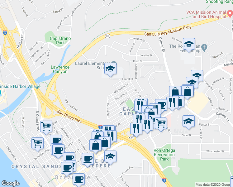 map of restaurants, bars, coffee shops, grocery stores, and more near 1409 Marquette Street in Oceanside
