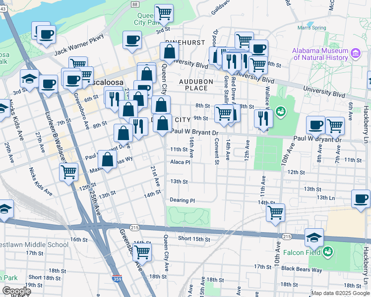 map of restaurants, bars, coffee shops, grocery stores, and more near 1023 16th Avenue in Tuscaloosa