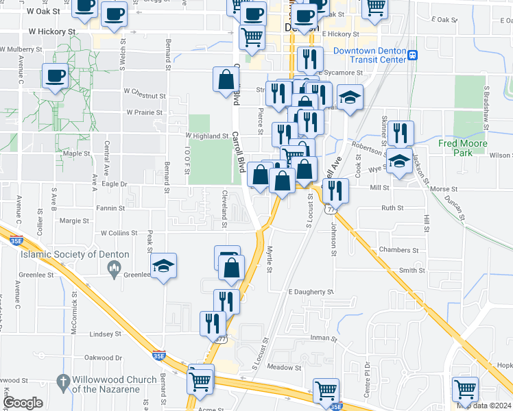 map of restaurants, bars, coffee shops, grocery stores, and more near 926 Myrtle Street in Denton