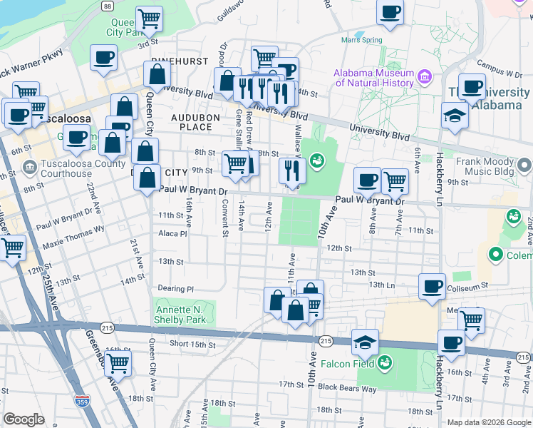 map of restaurants, bars, coffee shops, grocery stores, and more near 1 University Circle in Tuscaloosa