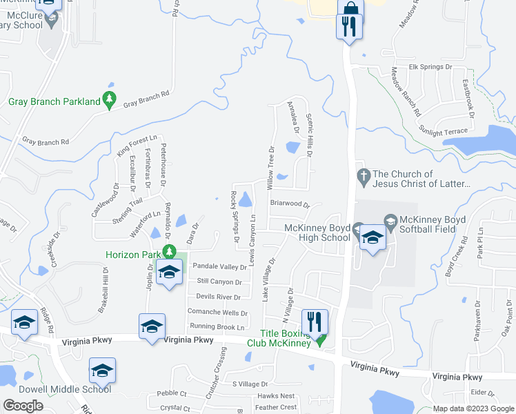 map of restaurants, bars, coffee shops, grocery stores, and more near 708 Lewis Canyon Lane in McKinney