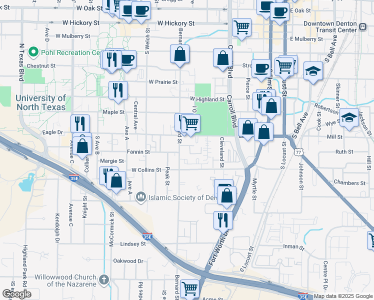 map of restaurants, bars, coffee shops, grocery stores, and more near 954 Bernard Street in Denton