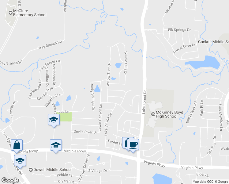 map of restaurants, bars, coffee shops, grocery stores, and more near 5301 Briarwood Drive in McKinney