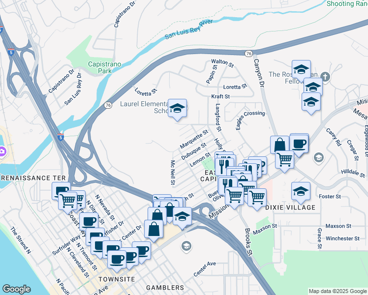 map of restaurants, bars, coffee shops, grocery stores, and more near 1409 Marquette Street in Oceanside