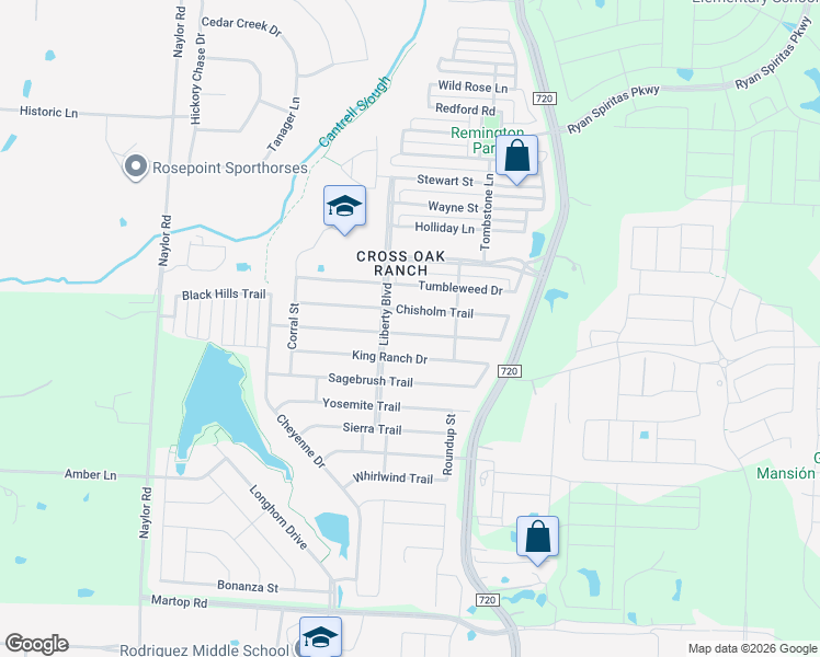 map of restaurants, bars, coffee shops, grocery stores, and more near 8821 Wagon Trail in Aubrey