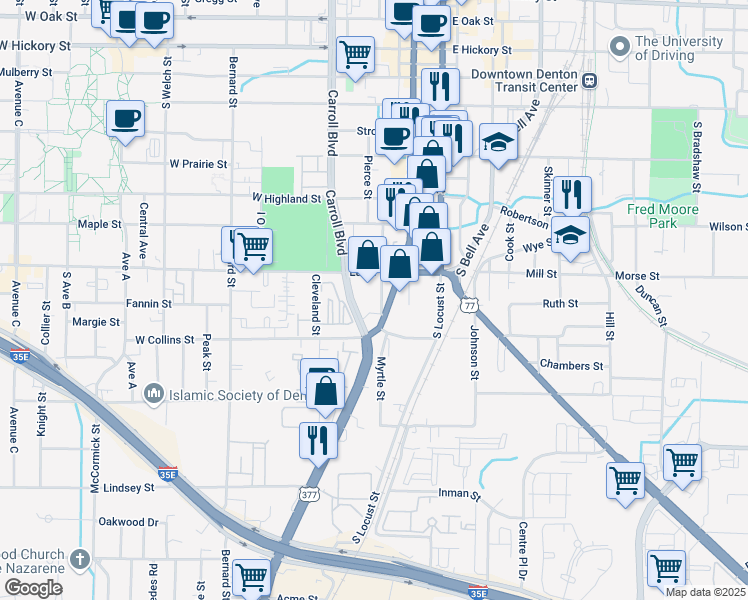 map of restaurants, bars, coffee shops, grocery stores, and more near 926 Myrtle Street in Denton