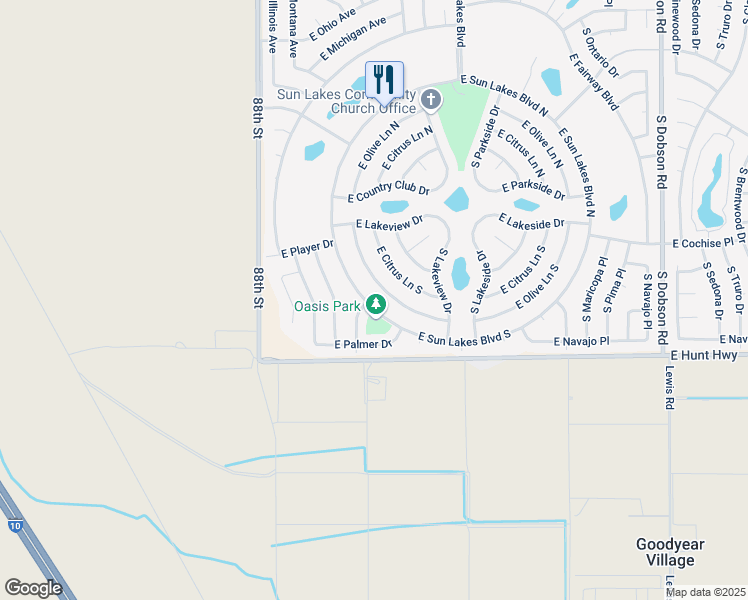 map of restaurants, bars, coffee shops, grocery stores, and more near 9021 East Sun Lakes Boulevard South in Sun Lakes