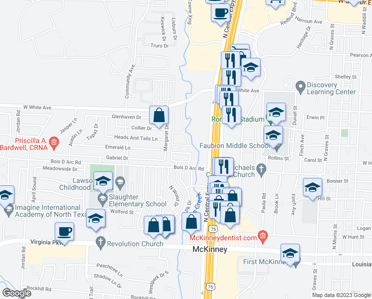 map of restaurants, bars, coffee shops, grocery stores, and more near 2220 Stoneleigh Place in McKinney