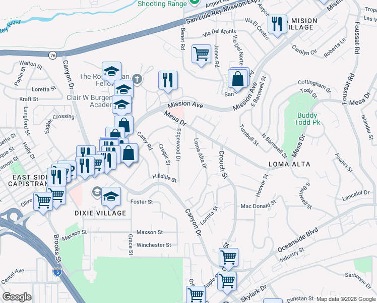 map of restaurants, bars, coffee shops, grocery stores, and more near 2411 Van Roy Way in Oceanside