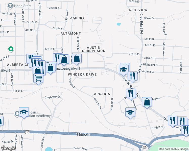 map of restaurants, bars, coffee shops, grocery stores, and more near 19 Windsor Drive in Tuscaloosa