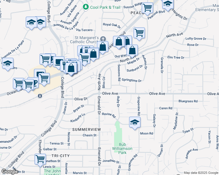 map of restaurants, bars, coffee shops, grocery stores, and more near 2305 Bliss Circle in Oceanside