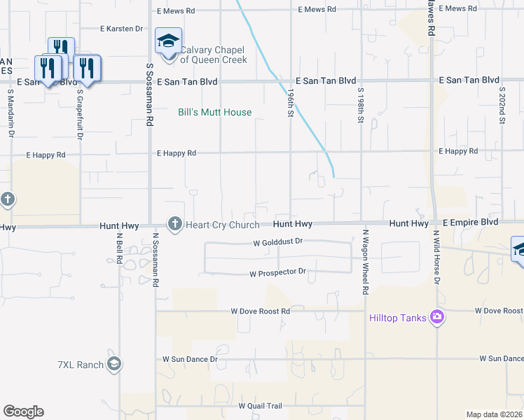 map of restaurants, bars, coffee shops, grocery stores, and more near 26705 South 195th Street in Queen Creek