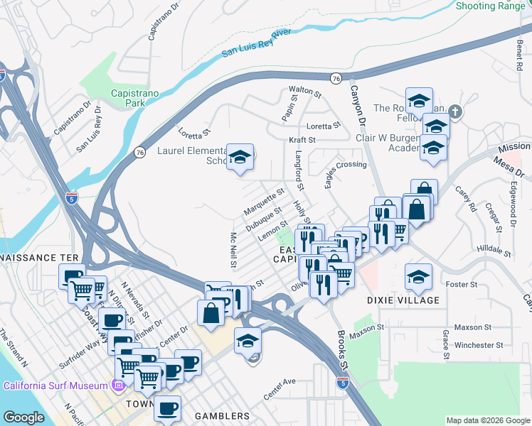 map of restaurants, bars, coffee shops, grocery stores, and more near 1430 Dubuque Street in Oceanside
