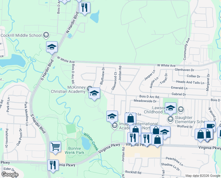 map of restaurants, bars, coffee shops, grocery stores, and more near 705 Glenwood Court in McKinney