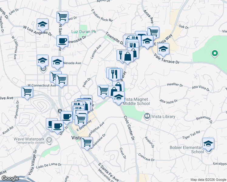 map of restaurants, bars, coffee shops, grocery stores, and more near 584 East Vista Way in Vista
