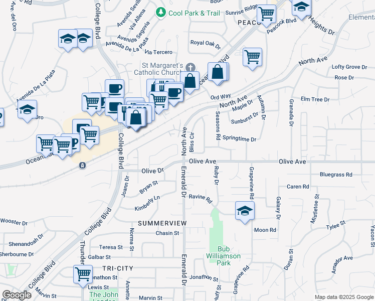 map of restaurants, bars, coffee shops, grocery stores, and more near 2353 Bliss Circle in Oceanside