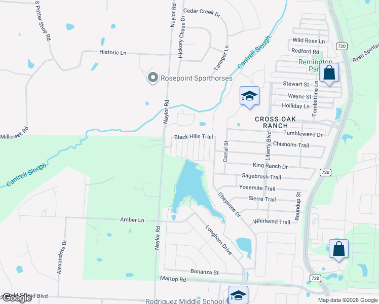 map of restaurants, bars, coffee shops, grocery stores, and more near 612 Wounded Knee Drive in Cross Roads