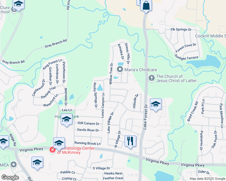 map of restaurants, bars, coffee shops, grocery stores, and more near 5301 Briarwood Drive in McKinney
