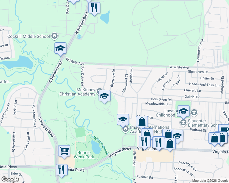 map of restaurants, bars, coffee shops, grocery stores, and more near 701 Long Hill Court in McKinney