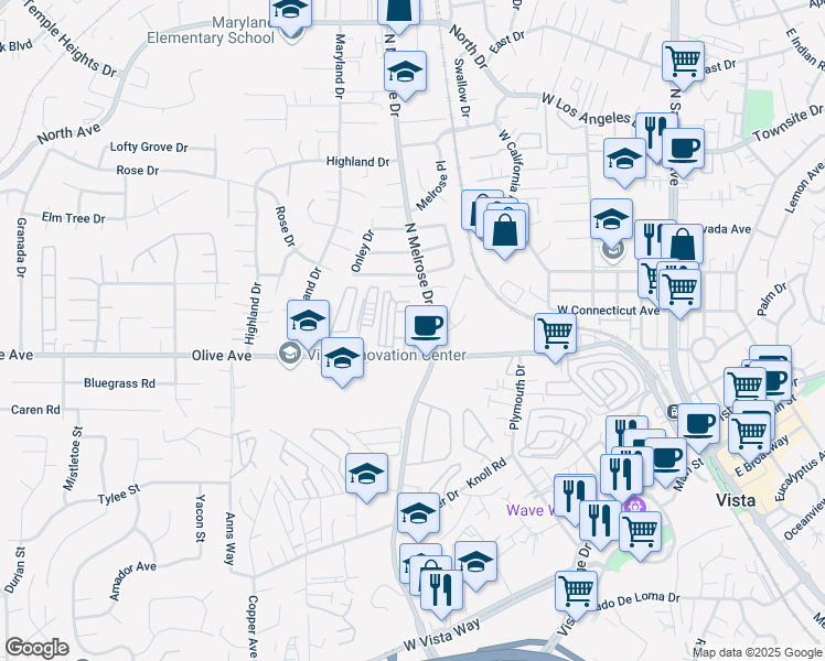 map of restaurants, bars, coffee shops, grocery stores, and more near 510 North Melrose Drive in Vista