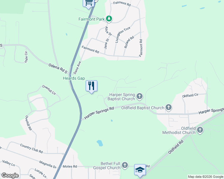 map of restaurants, bars, coffee shops, grocery stores, and more near 1405 Springhill Road in Sylacauga