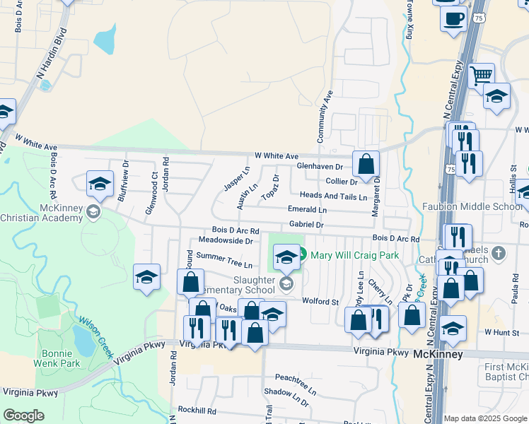 map of restaurants, bars, coffee shops, grocery stores, and more near 2721 Emerald Lane in McKinney