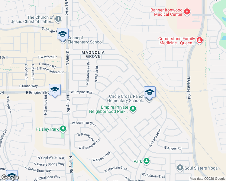 map of restaurants, bars, coffee shops, grocery stores, and more near 35942 North Quiros Drive in San Tan Valley