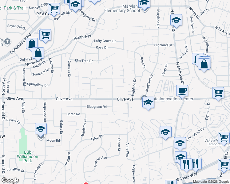 map of restaurants, bars, coffee shops, grocery stores, and more near 723 Bonita Drive in Vista