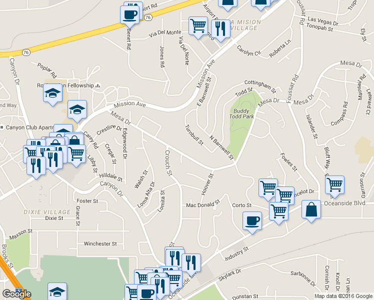 map of restaurants, bars, coffee shops, grocery stores, and more near 2710 Mesa Drive in Oceanside