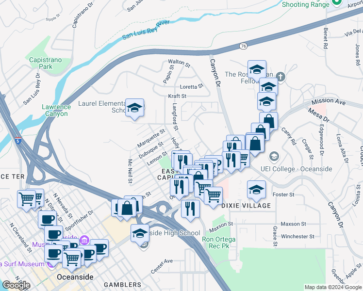 map of restaurants, bars, coffee shops, grocery stores, and more near 716 Holly Street in Oceanside