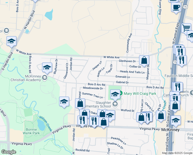map of restaurants, bars, coffee shops, grocery stores, and more near 701 Austin Lane in McKinney