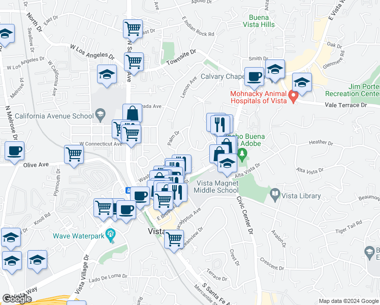 map of restaurants, bars, coffee shops, grocery stores, and more near 326 Hillside Terrace in Vista