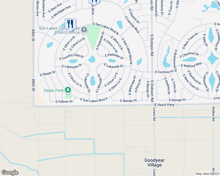 map of restaurants, bars, coffee shops, grocery stores, and more near 9308 E Olive Lane South in Sun Lakes