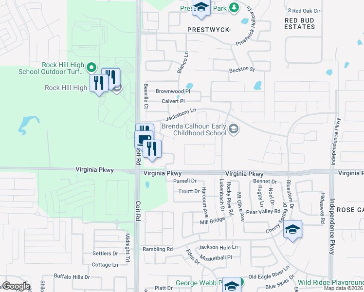 map of restaurants, bars, coffee shops, grocery stores, and more near 215 Pasadena Trail in McKinney