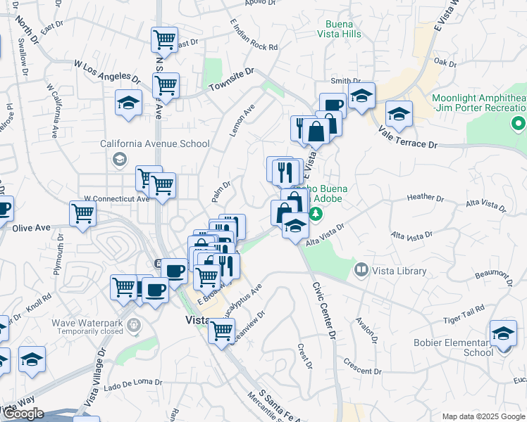 map of restaurants, bars, coffee shops, grocery stores, and more near 242 Hillside Terrace in Vista