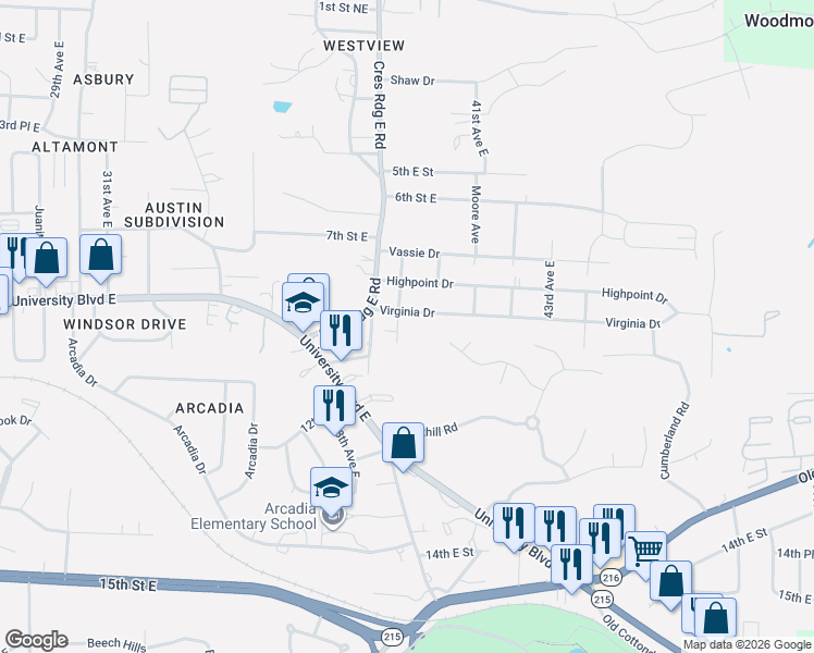 map of restaurants, bars, coffee shops, grocery stores, and more near 3907 Virginia Dr in Tuscaloosa