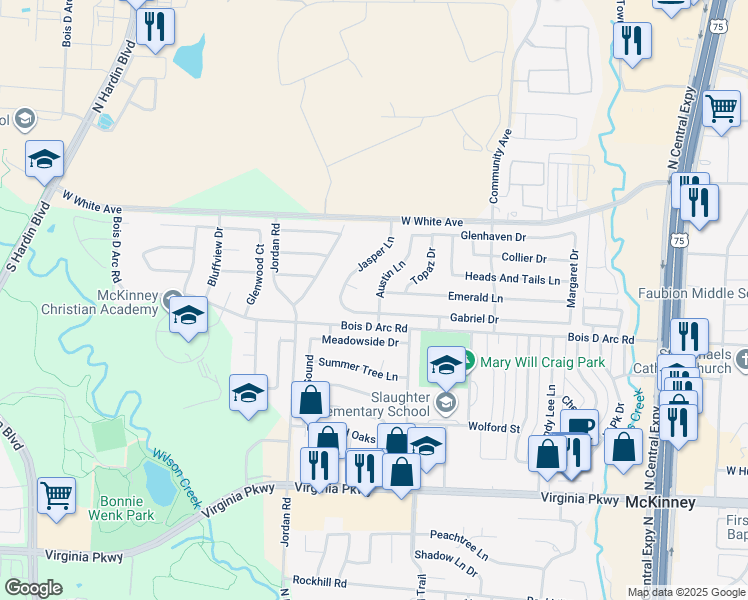 map of restaurants, bars, coffee shops, grocery stores, and more near 701 Austin Lane in McKinney