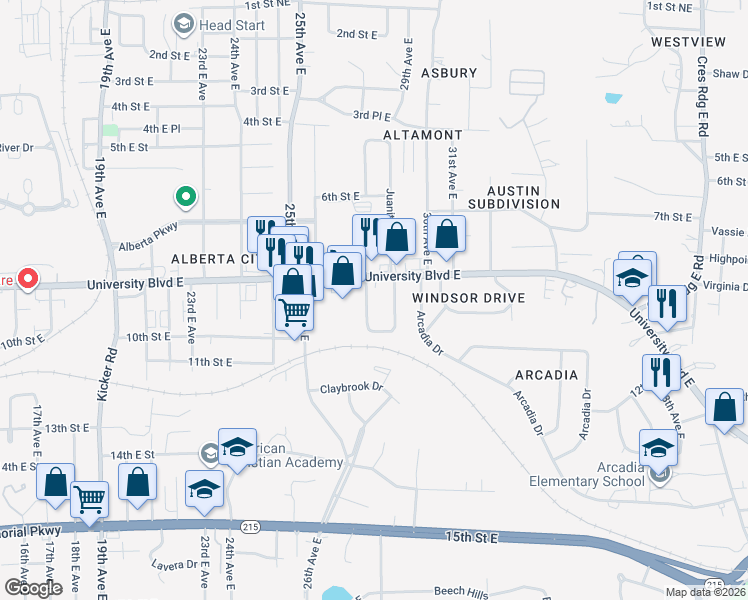 map of restaurants, bars, coffee shops, grocery stores, and more near 31 Durrett Grove in Tuscaloosa