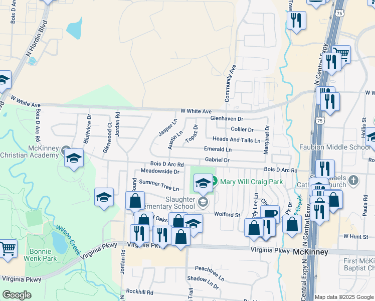 map of restaurants, bars, coffee shops, grocery stores, and more near 2721 Emerald Lane in McKinney