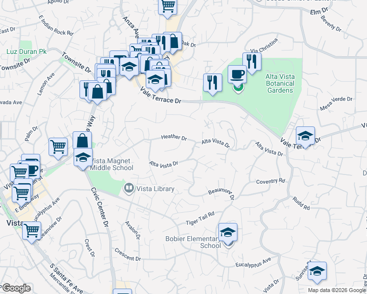 map of restaurants, bars, coffee shops, grocery stores, and more near 1053 Bonnie Brae Place in Vista