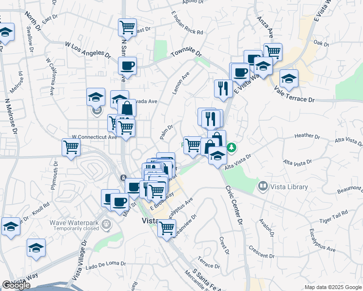 map of restaurants, bars, coffee shops, grocery stores, and more near 326 Hillside Terrace in Vista