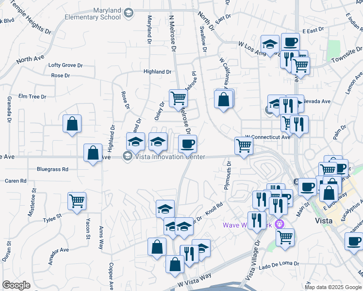map of restaurants, bars, coffee shops, grocery stores, and more near 510 North Melrose Drive in Vista