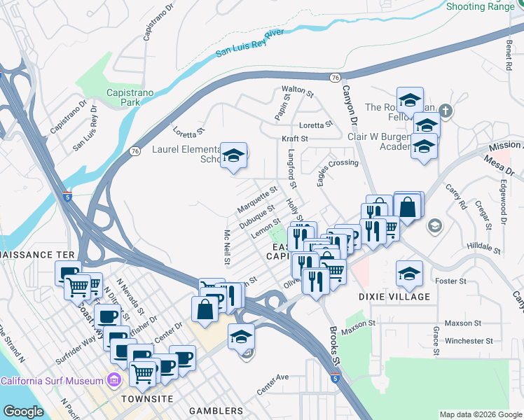 map of restaurants, bars, coffee shops, grocery stores, and more near 1439 Dubuque Street in Oceanside