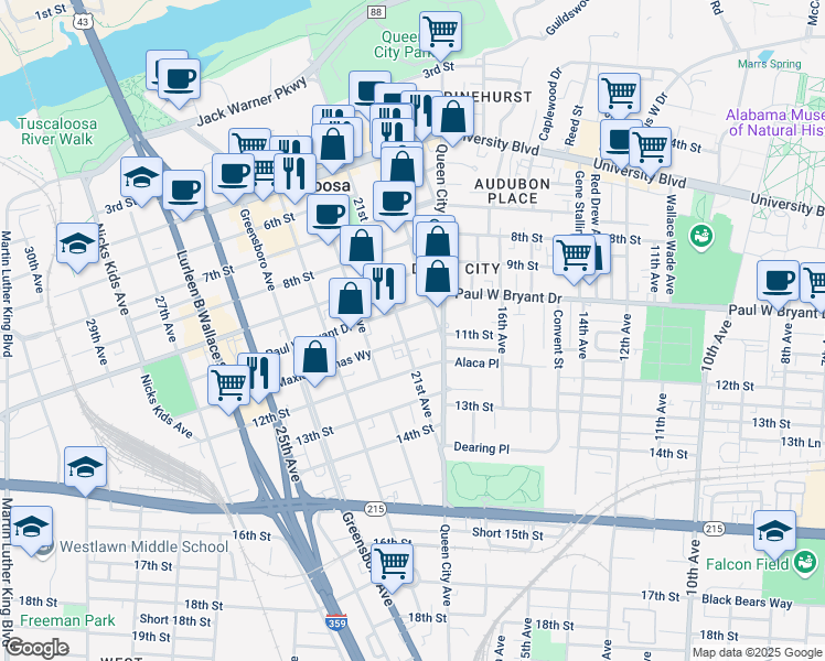map of restaurants, bars, coffee shops, grocery stores, and more near 2007 11th Street in Tuscaloosa